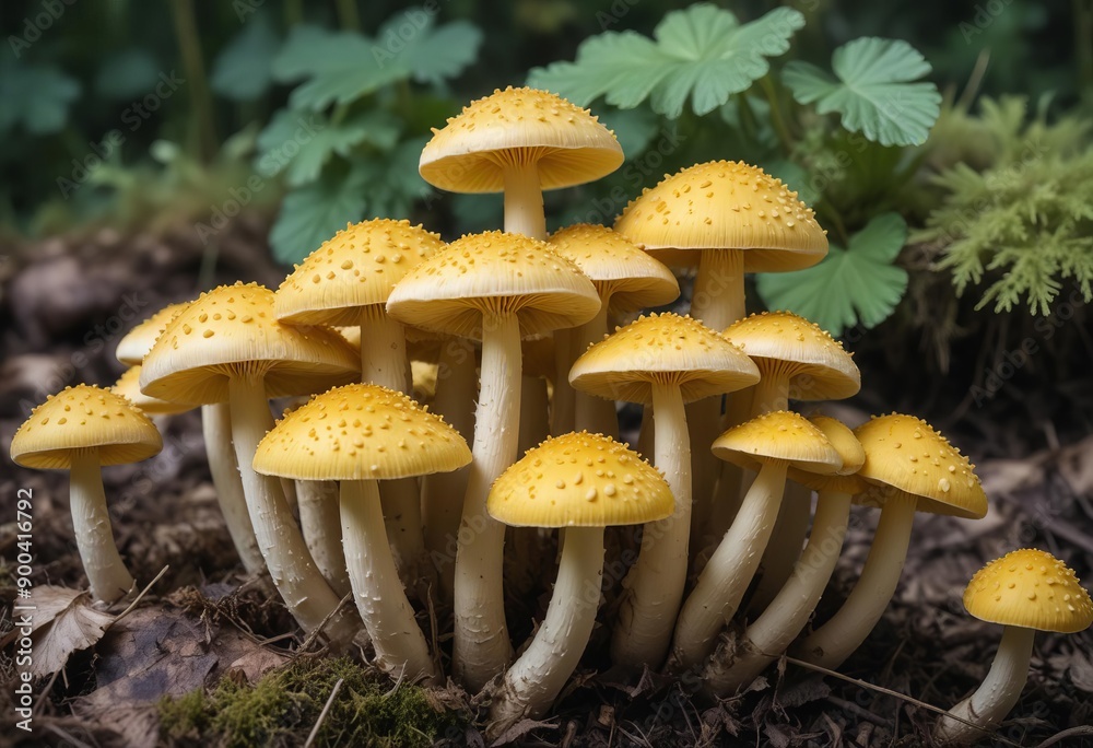 a group of yellow mushrooms grown together a group of yellow mushrooms grown together