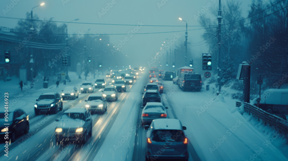 Fototapeta premium A bustling city street amidst a heavy snowfall, with cars navigating the icy road as streetlights cast a warm glow through the haze.