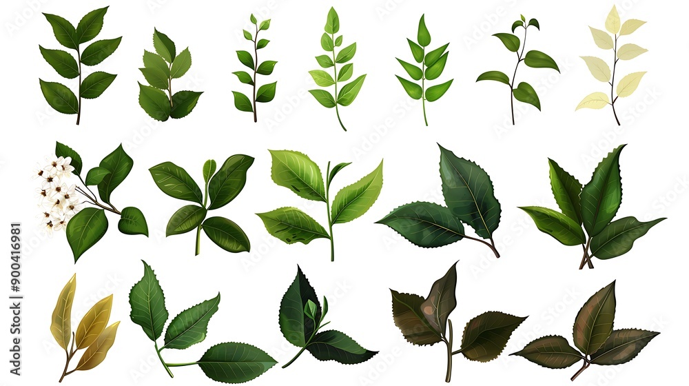 Set of 19 Realistic Green Leaves Illustrations. Set of 19 Realistic Green Leaves Illustrations.