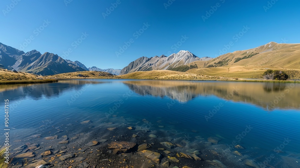 Naklejka premium A clear lake with mountains and a blue sky in the background.