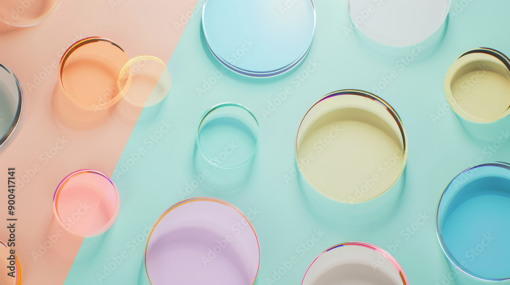 Abstract arrangement of glass bowls filled with luminous, pastel-colored liquids, creating a dreamy and ethereal effect. Abstract arrangement of glass bowls filled with luminous, pastel-colored liquids, creating a dreamy and ethereal effect.