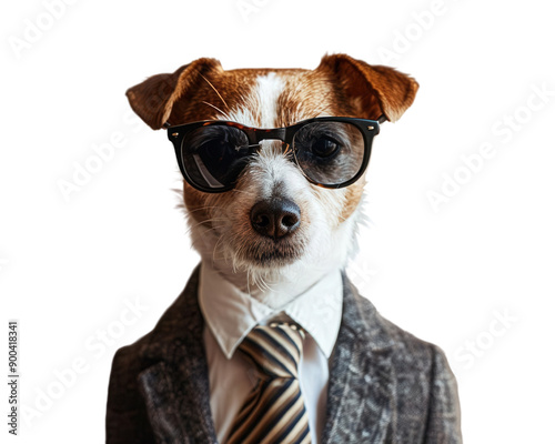 The stylish dog wearing dark sunglasses and a well fitted suit with a crisp white shirt and a striped tie The dog stands confidently photo