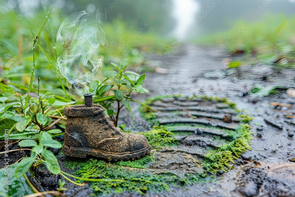 A muddy boot in the center of a muddy field surrounded by vegetation A muddy boot in the center of a muddy field surrounded by vegetation