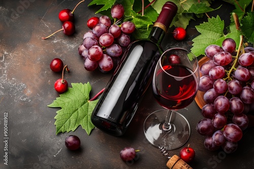 Bottle of red wine with glass and grapes on dark background, top view. Wine composition for cooking or drinking at home party. National Red Wine Day.