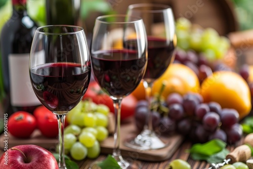 Red wine glasses and fruit on a wooden table, close up. Red grapes, an apple, and an orange, with a vineyard background and a bottle of red wine. National Red Wine Day.