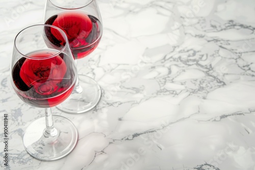 Two glasses of red wine on a white marble table, in a top view. National Red Wine Day.