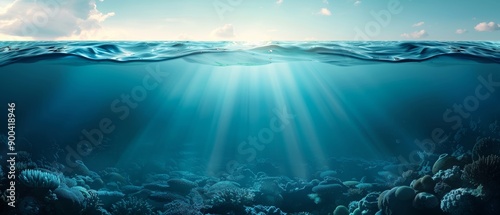 The ocean is calm and clear, with a bright sun shining through the water