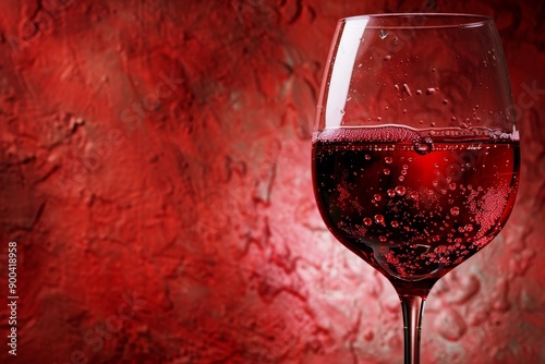Red wine glass with red bubbles on the background of textured wall, close-up. National Red Wine Day.