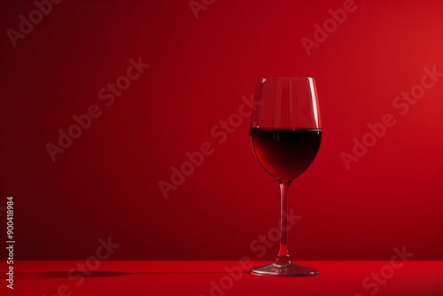 A glass of red wine on the right side, red background, minimalism. National Red Wine Day.
