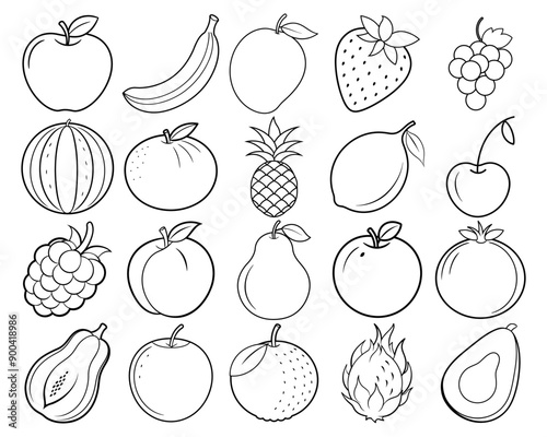 Fruits coloring page set, fruits coloring book page digital art, fruits line art