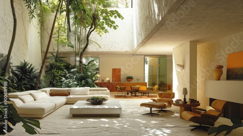 A tranquil living room by Luis Barragan, encircled by an exuberant garden. The white walls and cosy warm lights, along with modern furniture, create a serene atmosphere. photo