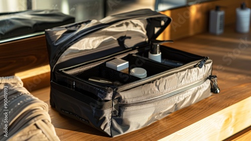 A travel bag with a built-in toiletry compartment is displayed open, highlighting its organization. This bag is perfect for travelers who like to keep their personal items neatly separated.