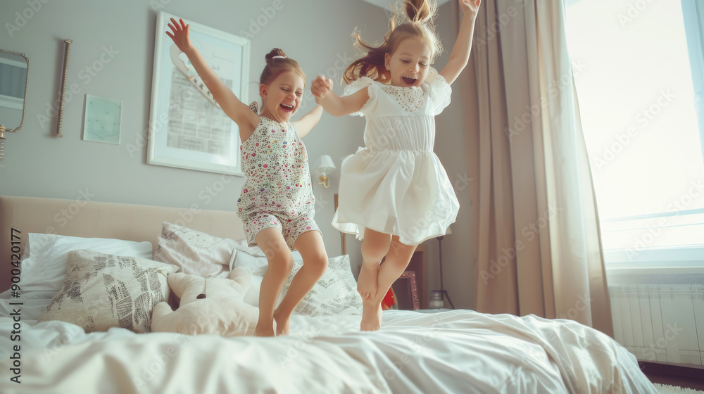 Fototapeta premium Two young girls jumping on a bed in a sun-drenched room, exuding joy and playfulness, capturing the essence of delightful childhood moments.