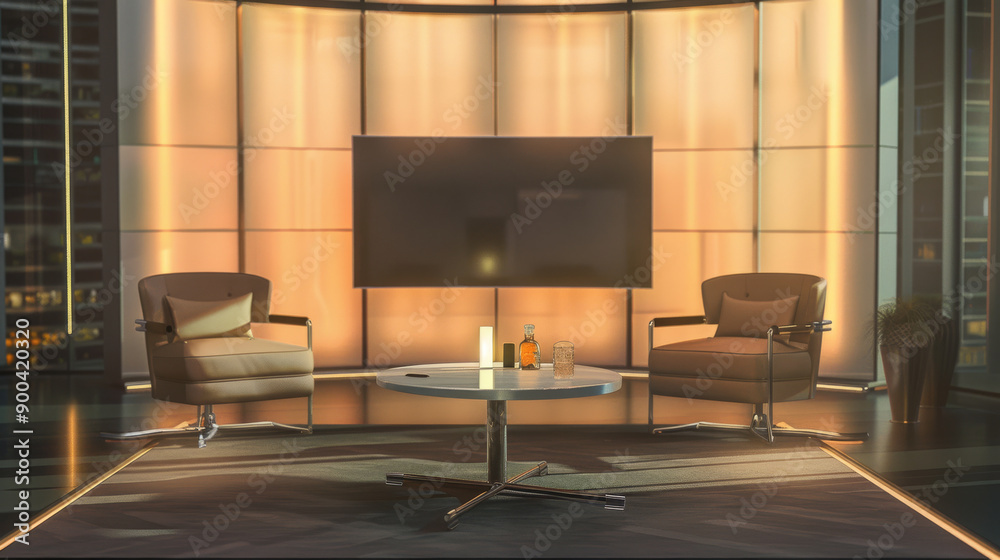 Fototapeta premium A modern, dimly-lit studio with two armchairs and a round table, set against a backdrop of large panels emitting a warm, golden light.