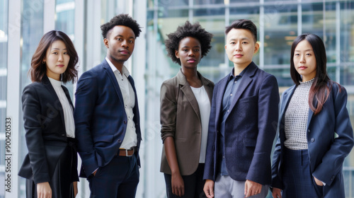 A group of diverse professionals pose confidently against a modern glass building backdrop, reflecting unity and determination. © VK Studio