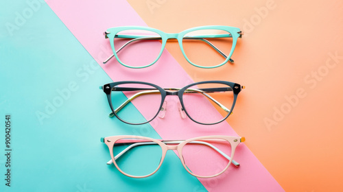 Three pairs of colored eyewear neatly arranged on a vibrant, diagonal split background of pastel pink and mint, highlighting modern fashion in eyewear.
