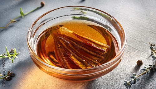 Transparent amber-colored fish sauce made from anchovies, generative AI
