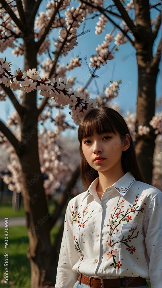 young woman standing under blooming sakura in floral shirt young woman standing under blooming sakura in floral shirt
