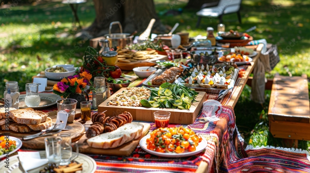 Obraz premium Arranging a picnic table with a spread of international cuisines for a multicultural picnic event.