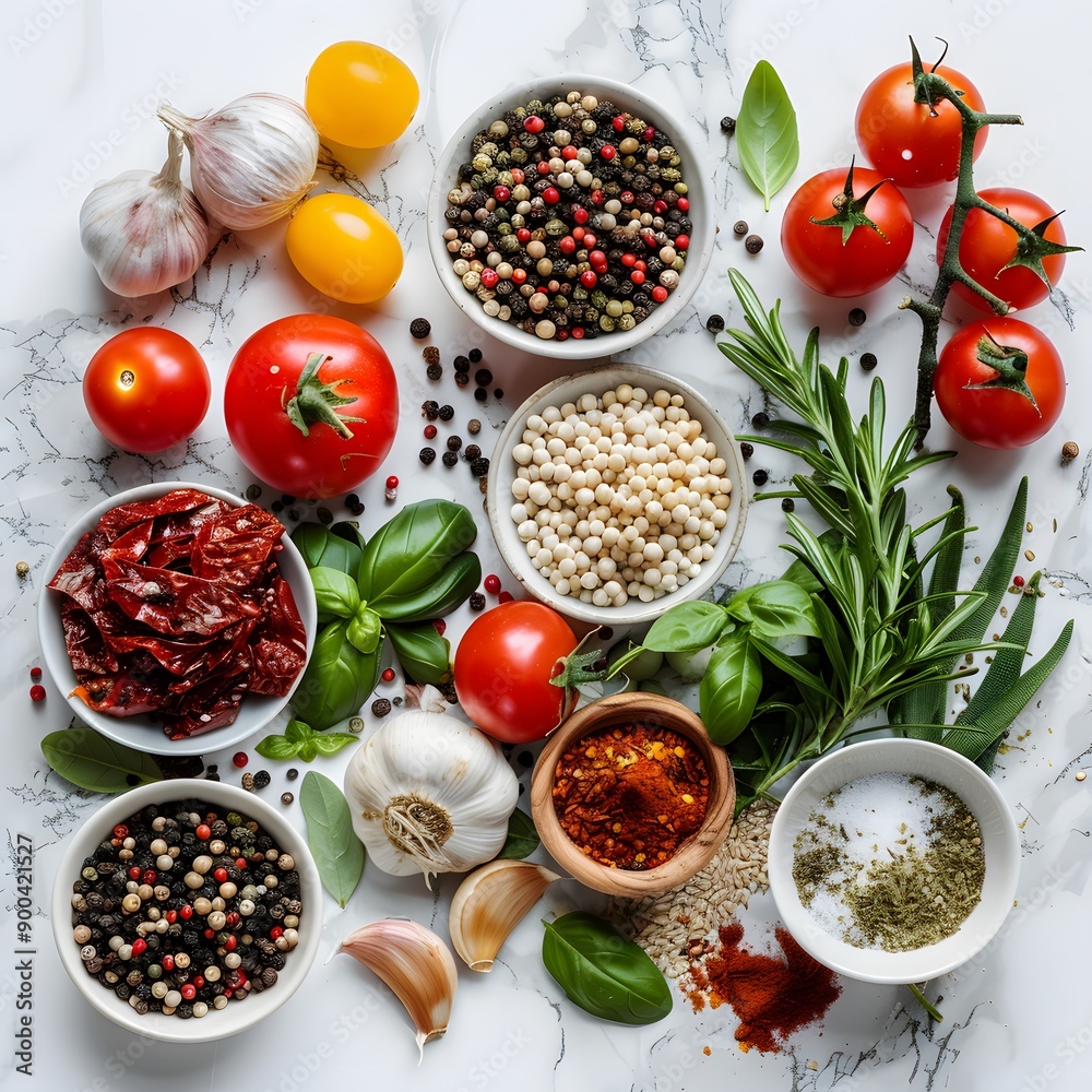 flat lay of colorful cooking ingredients like vegetables grains spices and herbs on a white marble surface flat lay of colorful cooking ingredients like vegetables grains spices and herbs on a white marble surface