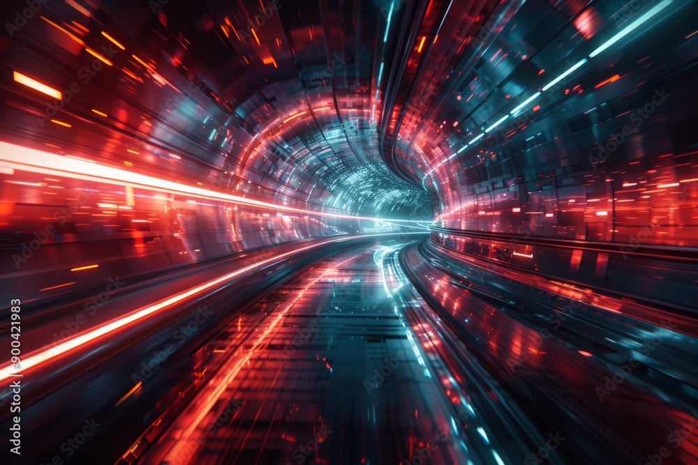 Fototapeta premium Futuristic neon-lit tunnel with vibrant light trails.