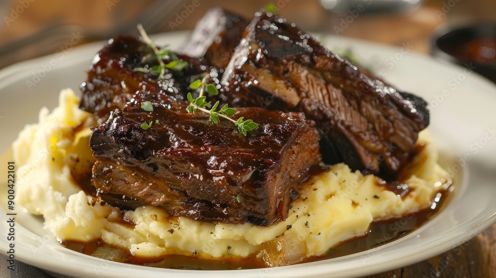 Braising short ribs until they are fall-off-the-bone tender, served with mashed potatoes. Braising short ribs until they are fall-off-the-bone tender, served with mashed potatoes.