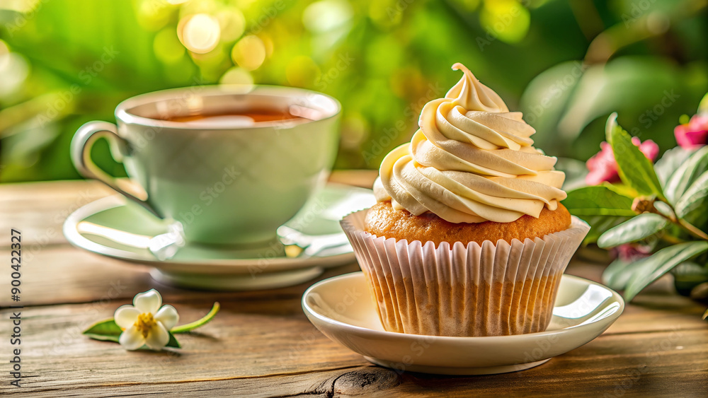Cupcake with Vanilla Frosting and Tea on Wooden Table in Outdoor Setting