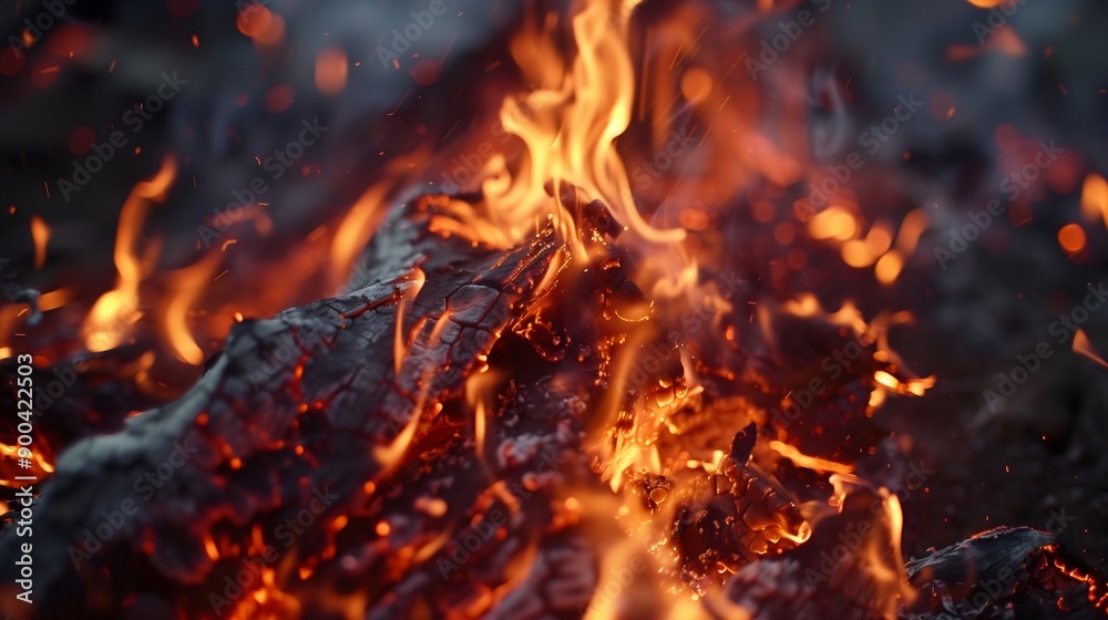 Close-up of a forest fire, a wildfire in a natural environment, grass burning with yellow-orange flames in the woods, glowing black ash from trees, outdoor disaster, destruction, wilderness in danger Close-up of a forest fire, a wildfire in a natural environment, grass burning with yellow-orange flames in the woods, glowing black ash from trees, outdoor disaster, destruction, wilderness in danger