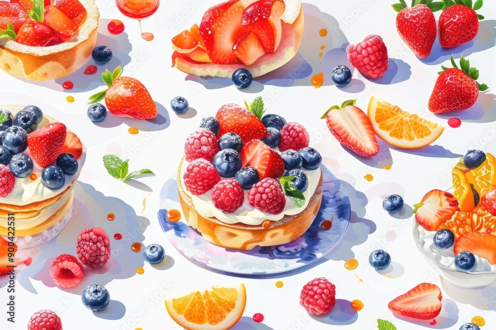 painting of variety of fruit on plate, Food illustrations in delicious and mouthwatering details, perfect for culinary designs