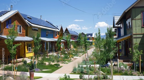 Solar Panel Rooftop community thousands of Solar Panels across the horizon in vast Suburb fighting climate change. AI generated illustration photo