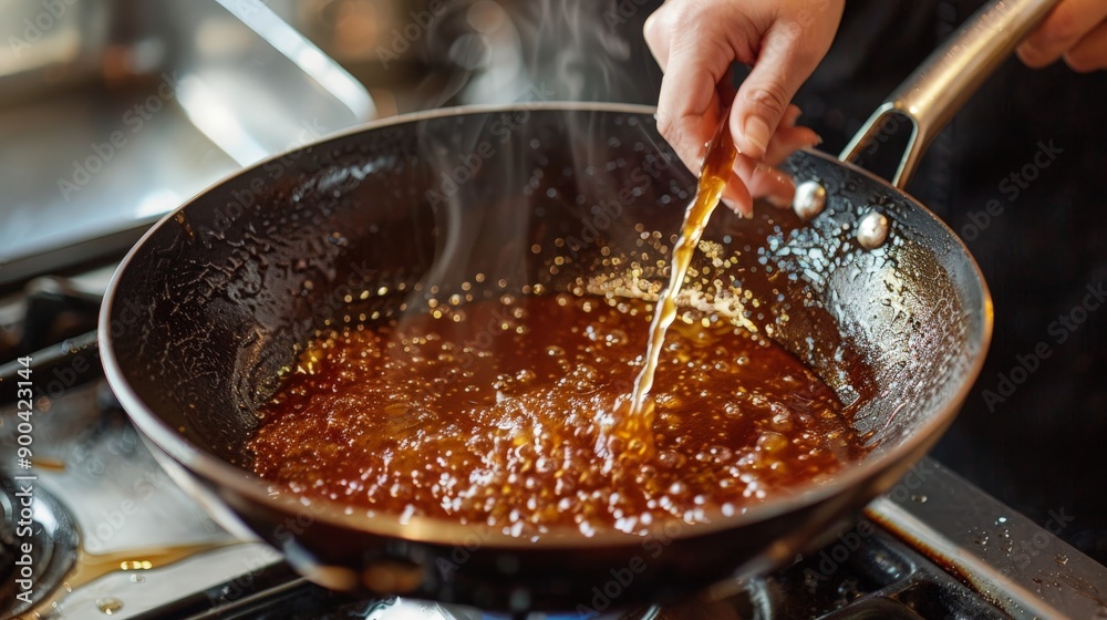 Caramelizing sugar to make a rich, golden-brown sauce for desserts or savory dishes. Caramelizing sugar to make a rich, golden-brown sauce for desserts or savory dishes.