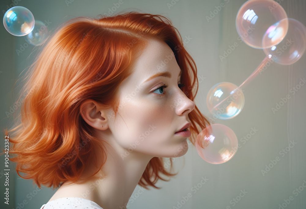 Magical light reflects strokes portrait of a red haired person, motion blur lights, side view, one big bubble around her head Magical light reflects strokes portrait of a red haired person, motion blur lights, side view, one big bubble around her head