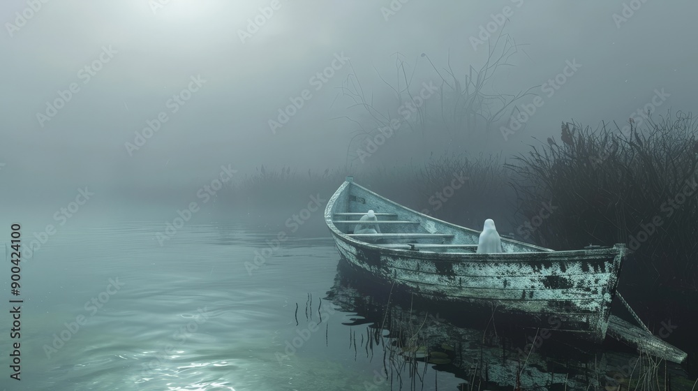 Create a scene of a spooky, fog-covered lake with an eerie abandoned boat and ghostly figures emerging from the water. Create a scene of a spooky, fog-covered lake with an eerie abandoned boat and ghostly figures emerging from the water.