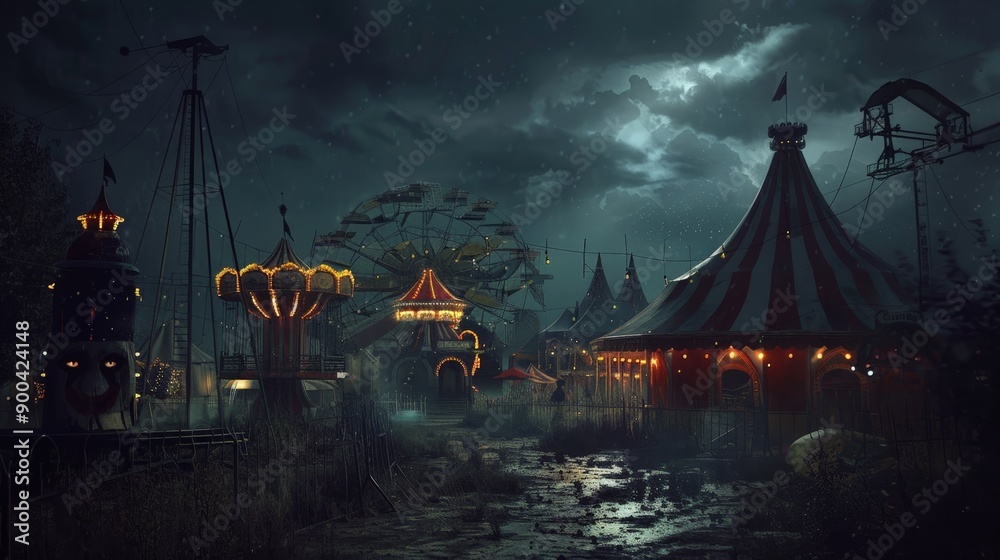 © peerawat - Create a spooky carnival background with creepy clowns, dark tents, and eerie rides under a sinister sky. © peerawat - Create a spooky carnival background with creepy clowns, dark tents, and eerie rides under a sinister sky.
