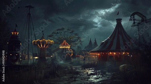 Create a spooky carnival background with creepy clowns, dark tents, and eerie rides under a sinister sky. photo