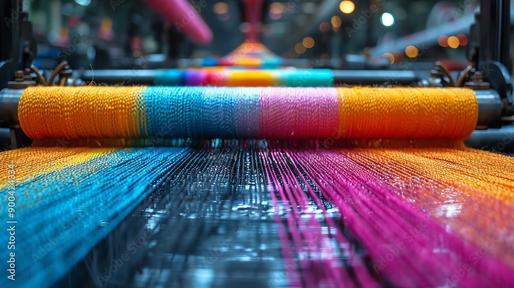 Colorful threads on a loom, industrial textile machine, vibrant closeup, motion blur