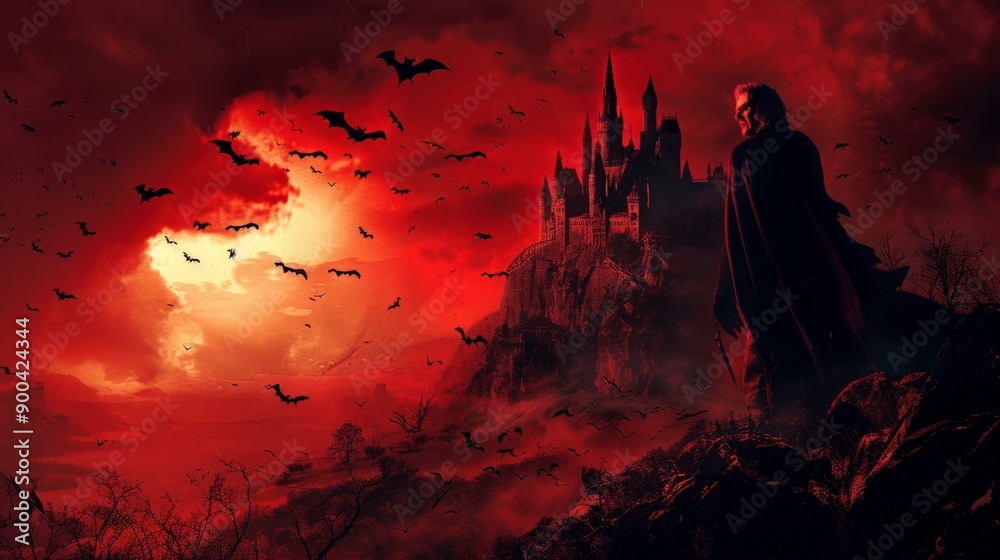 Create an image of a vampire emerging from his castle at dusk, with a blood-red sky and bats circling around. Create an image of a vampire emerging from his castle at dusk, with a blood-red sky and bats circling around.
