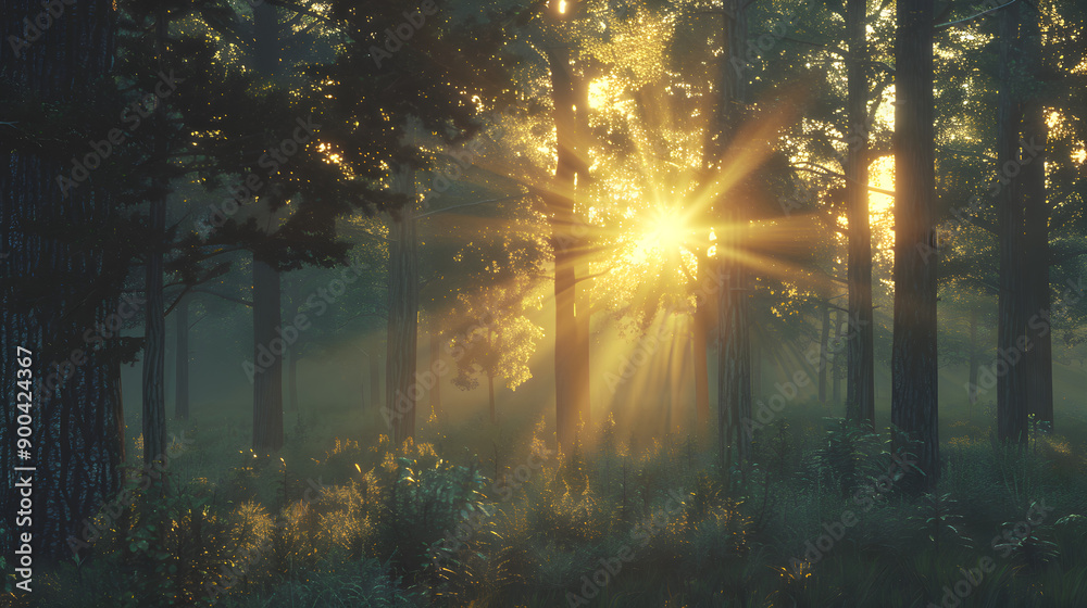 Naklejka premium Vivid sunrise in a tranquil forest clearing, with lush greenery and vibrant colors around.