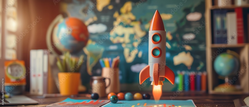 Rocket model with colorful bar charts, office desk, digital world map background Rocket model with colorful bar charts, office desk, digital world map background