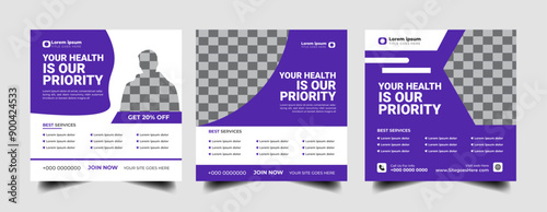 
 Set of Medical healthcare service center social media post template design.
 Hospital, fitness training, doctor, clinic and dentist health business promotion, square flyer poster.