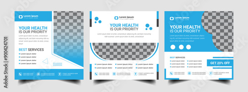 
 Set of Medical healthcare service center social media post template design.
 Hospital, fitness training, doctor, clinic and dentist health business promotion, square flyer poster.