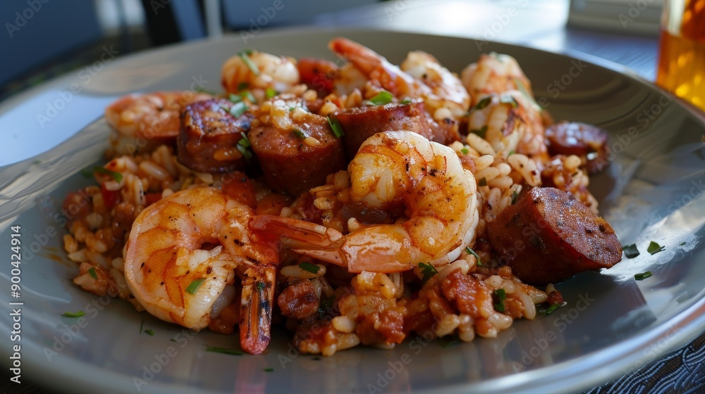 Delighting in a plate of spicy jambalaya, filled with Andouille sausage, shrimp, and Cajun seasoning. Delighting in a plate of spicy jambalaya, filled with Andouille sausage, shrimp, and Cajun seasoning.