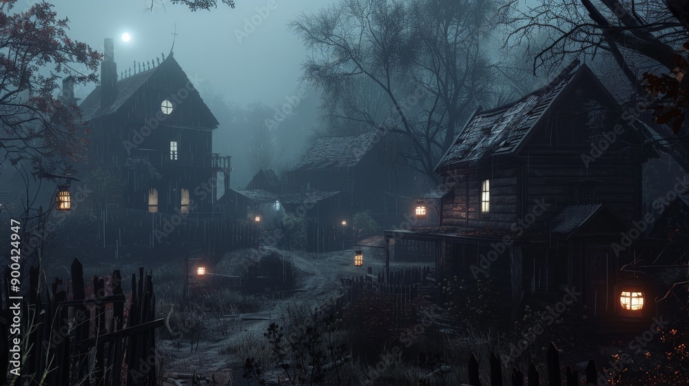 Capture a background of a cursed village with abandoned houses, flickering lanterns, and an eerie silence Capture a background of a cursed village with abandoned houses, flickering lanterns, and an eerie silence