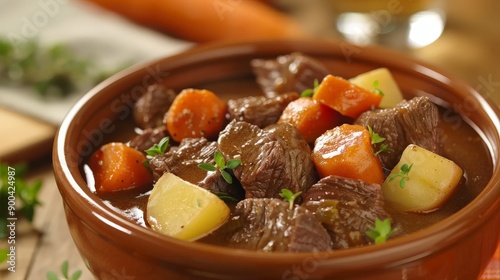 Delighting in the taste of tender slow-cooked beef stew, rich with carrots, potatoes, and savory broth.