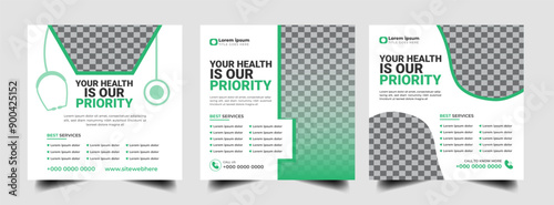 
 Set of Medical healthcare service center social media post template design.
 Hospital, fitness training, doctor, clinic and dentist health business promotion, square flyer poster.
