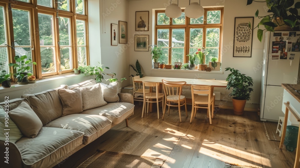 Fototapeta premium Describe the minimalist aesthetics of a Scandinavian-inspired small house. Write about light wood interiors, hygge decor, and how Scandinavian design principles create tranquil