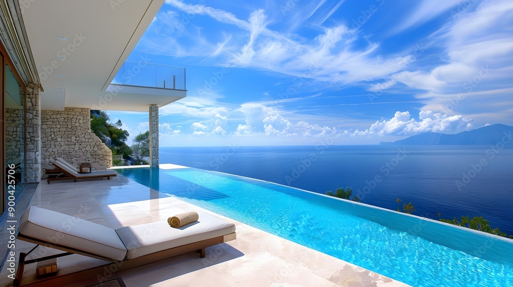 Fototapeta premium Reclining chair near a swimming pool, sea and blue sky panoramic background. 