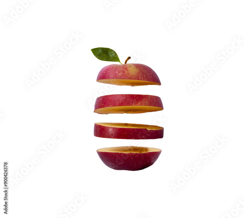 Red sliced apple isolated on white background cutout
Isolated flying apple wedges. Four falling pieces of red apple fruit isolated on white background with clipping path