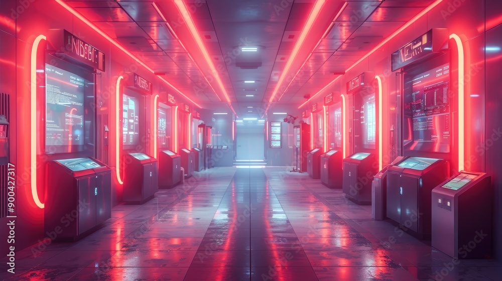 Naklejka premium Futuristic Customer Service Center with Holographic Kiosks and Glowing Waiting Areas