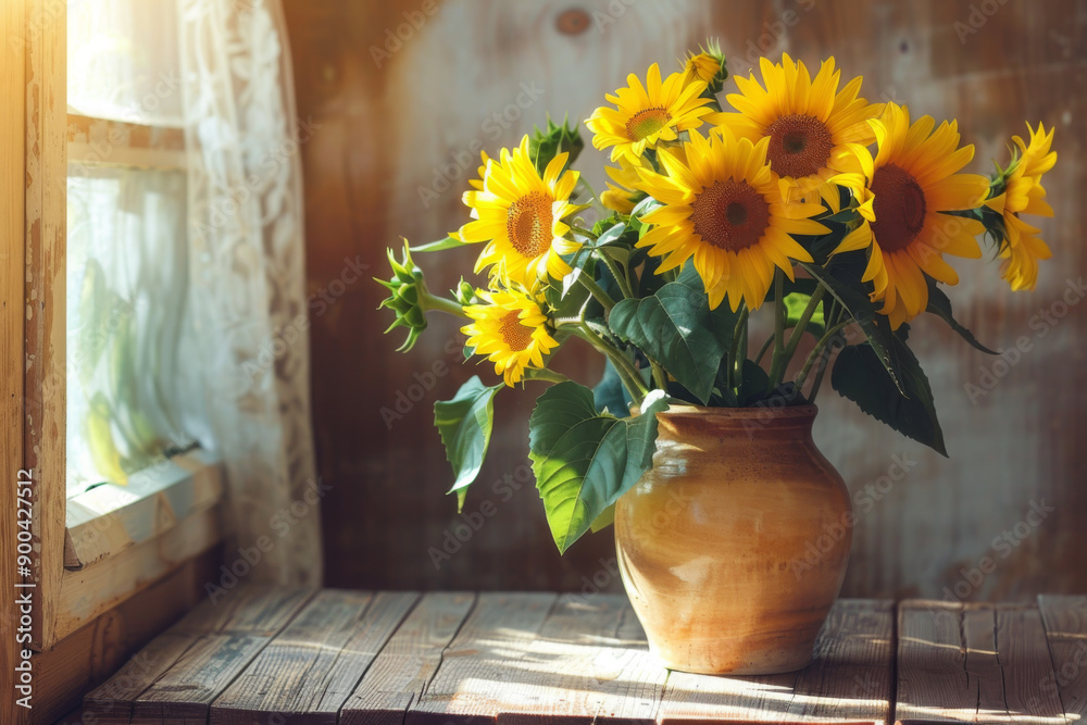 Sunflowers in a Rustic Vase by the Window Sunflowers in a Rustic Vase by the Window